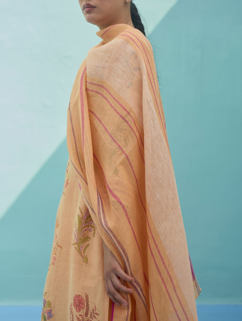 Rava Border Linen Stripe Dupatta - Apricot linen dupatta by Manan in apricot for women Worldwide