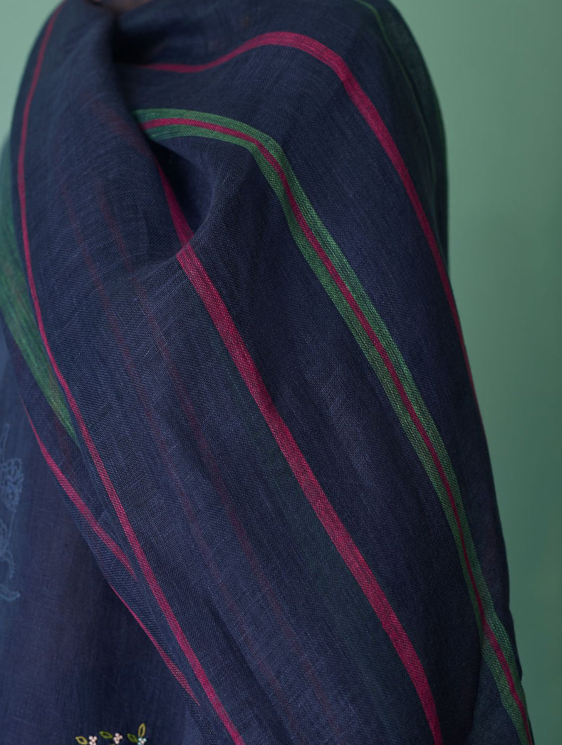 Rava Border Linen Stripe Dupatta - Indigo linen dupatta by Manan in navy for women Worldwide