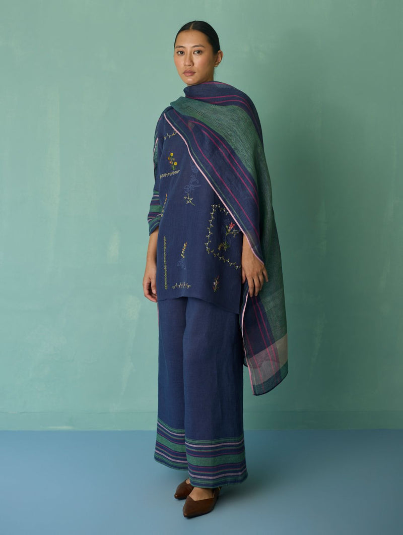 Rava Border Linen Stripe Dupatta - Indigo linen dupatta by Manan in navy for women Worldwide