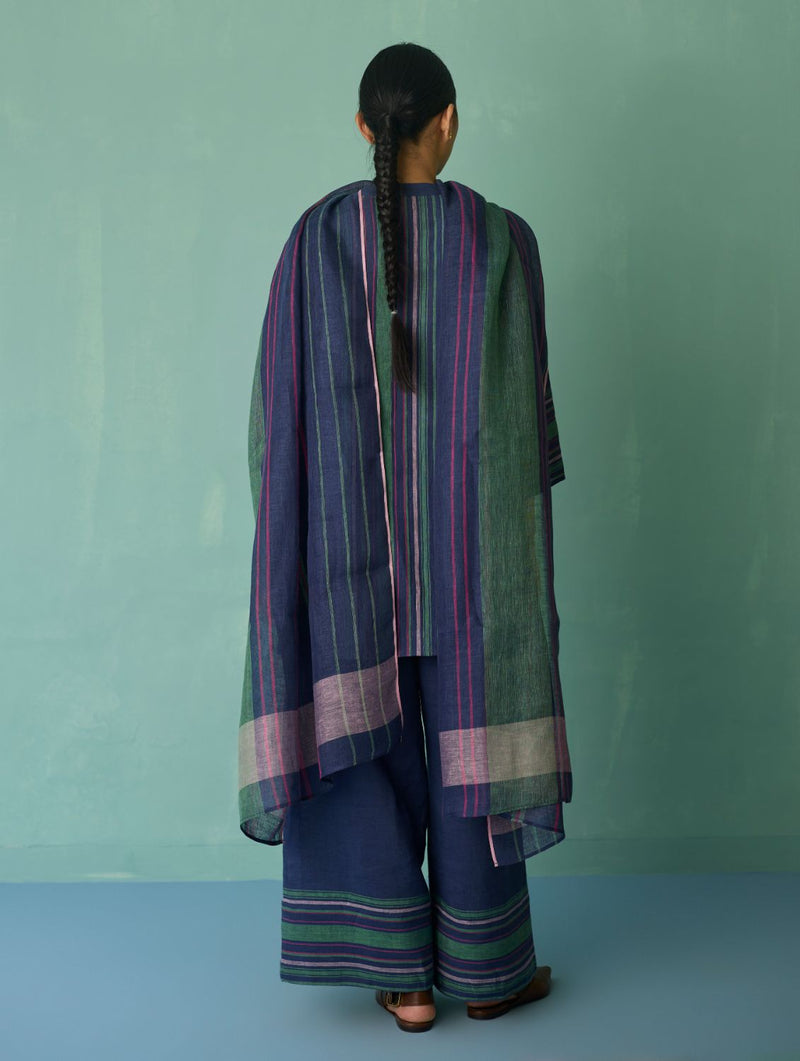 Rava Border Linen Stripe Dupatta - Indigo linen dupatta by Manan in navy for women Worldwide
