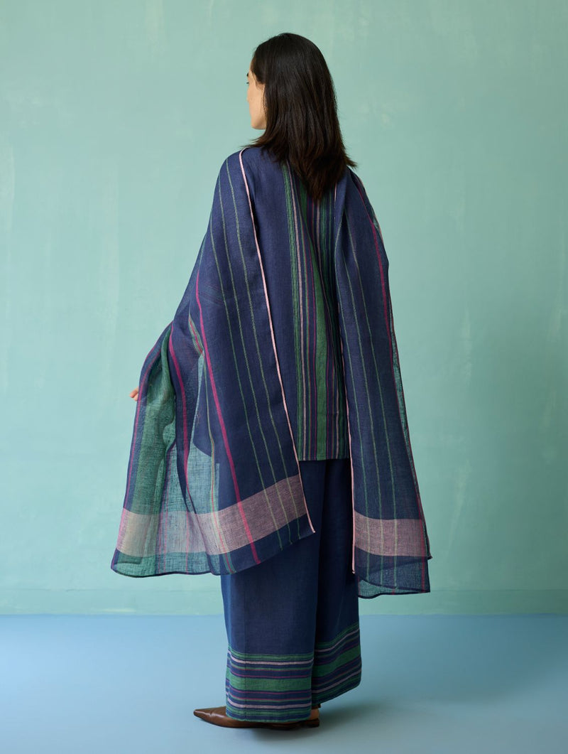 Rava Border Linen Stripe Dupatta - Indigo linen dupatta by Manan in navy for women Worldwide