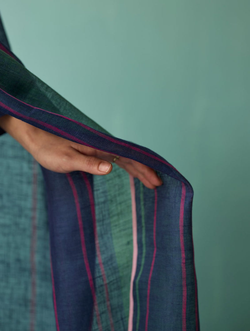 Rava Border Linen Stripe Dupatta - Indigo linen dupatta by Manan in navy for women Worldwide