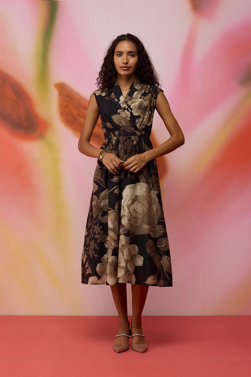 Sepia Blossom Midi Wrap Dress silk by World of SiSa for women Worldwide