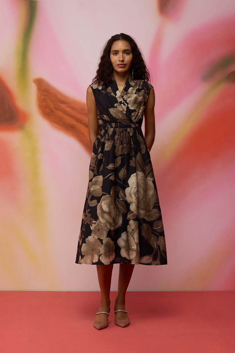 Sepia Blossom Midi Wrap Dress silk by World of SiSa for women Worldwide