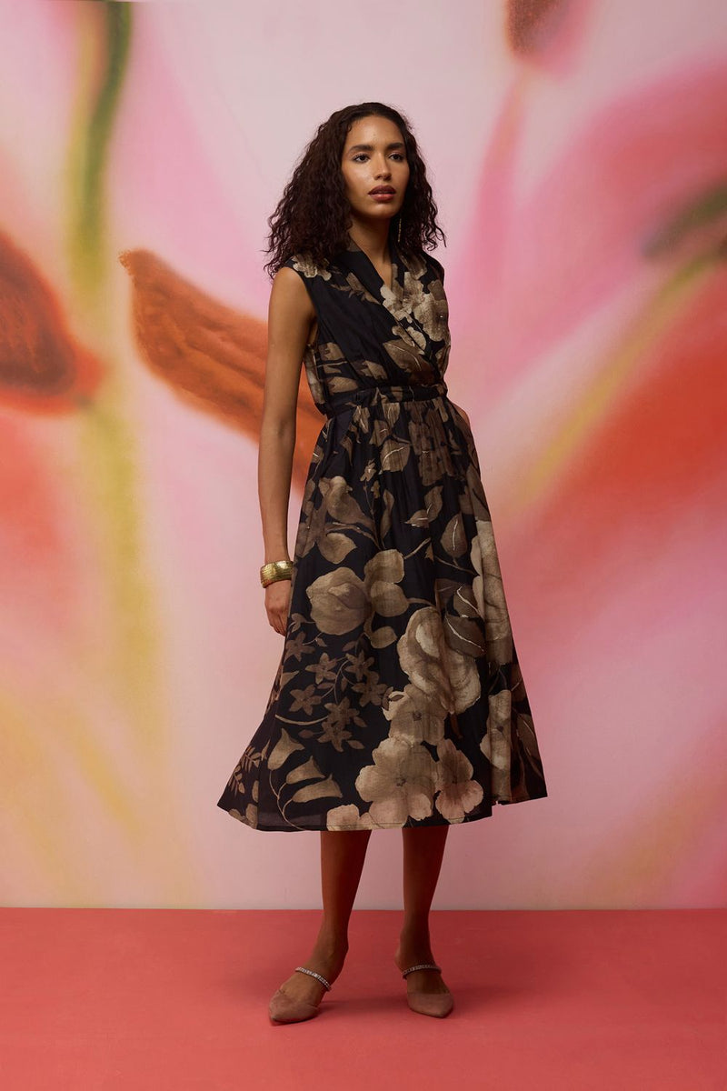 Sepia Blossom Midi Wrap Dress silk by World of SiSa for women Worldwide