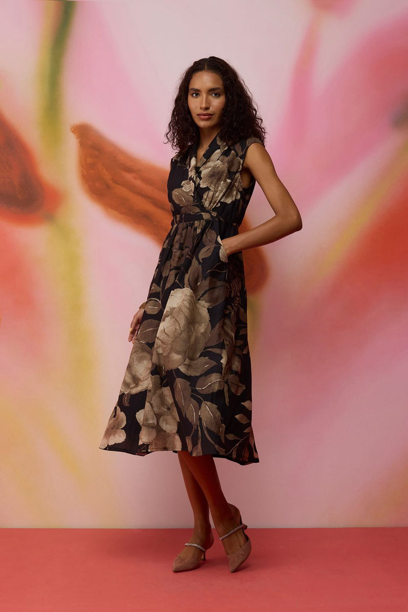 Sepia Blossom Midi Wrap Dress silk by World of SiSa for women Worldwide