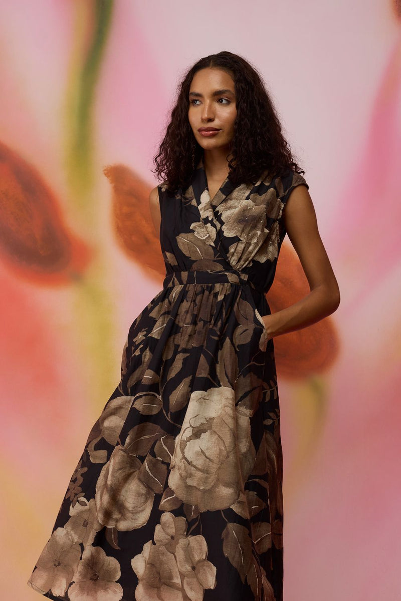 Sepia Blossom Midi Wrap Dress silk by World of SiSa for women Worldwide