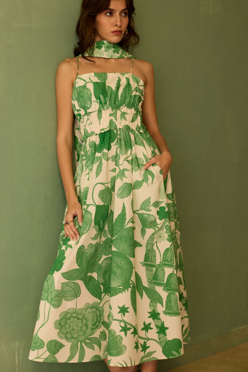 Hibiscus Anaar Smocked Bodice Maxi Dress - Fern cotton by World of SiSa for women Worldwide