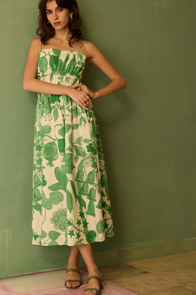 Hibiscus Anaar Smocked Bodice Maxi Dress - Fern cotton by World of SiSa for women Worldwide