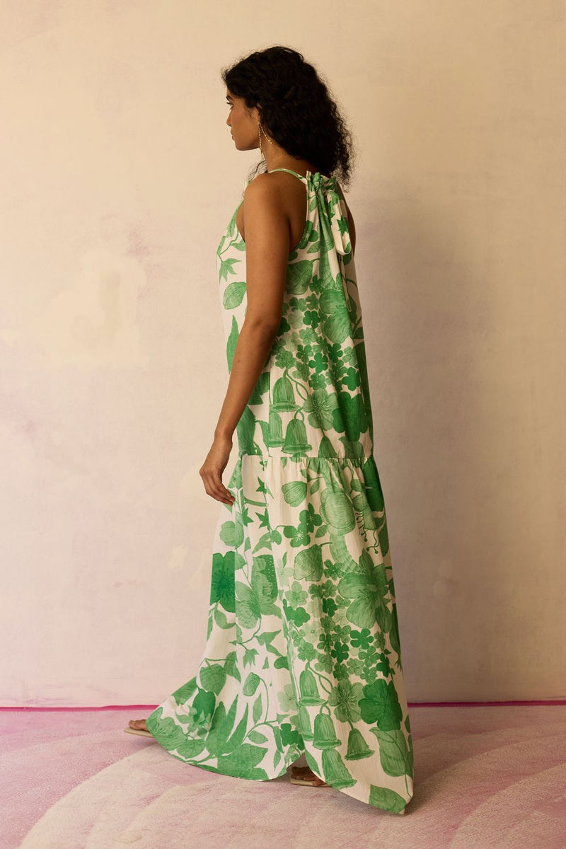 Hibiscus Anaar Gathered Sleeveless Maxi Dress - Fern cotton by World of SiSa for women Worldwide