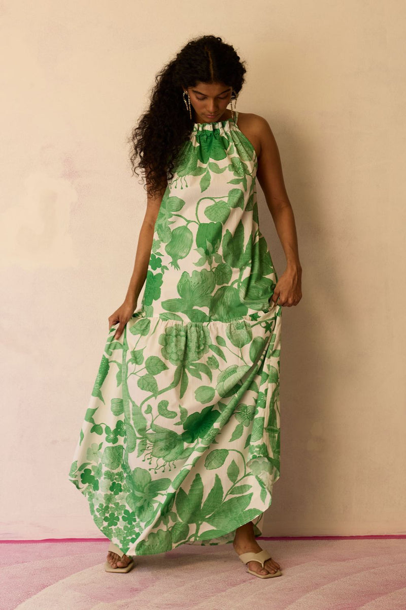 Hibiscus Anaar Gathered Sleeveless Maxi Dress - Fern cotton by World of SiSa for women Worldwide
