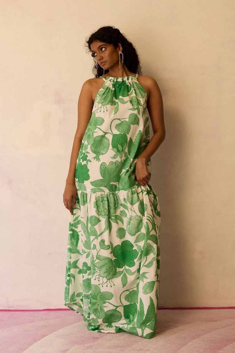 Hibiscus Anaar Gathered Sleeveless Maxi Dress - Fern cotton by World of SiSa for women Worldwide