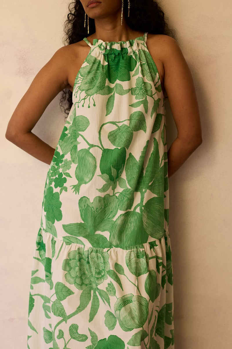 Hibiscus Anaar Gathered Sleeveless Maxi Dress - Fern cotton by World of SiSa for women Worldwide