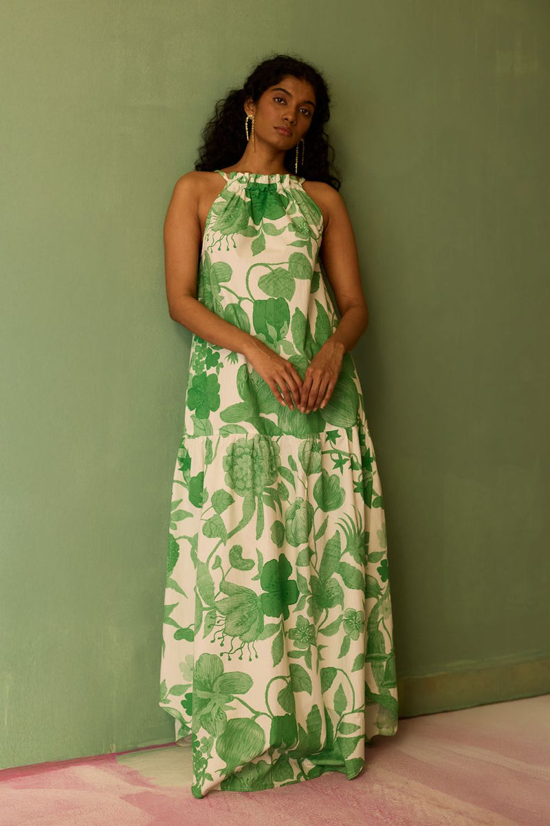Hibiscus Anaar Gathered Sleeveless Maxi Dress - Fern cotton by World of SiSa for women Worldwide