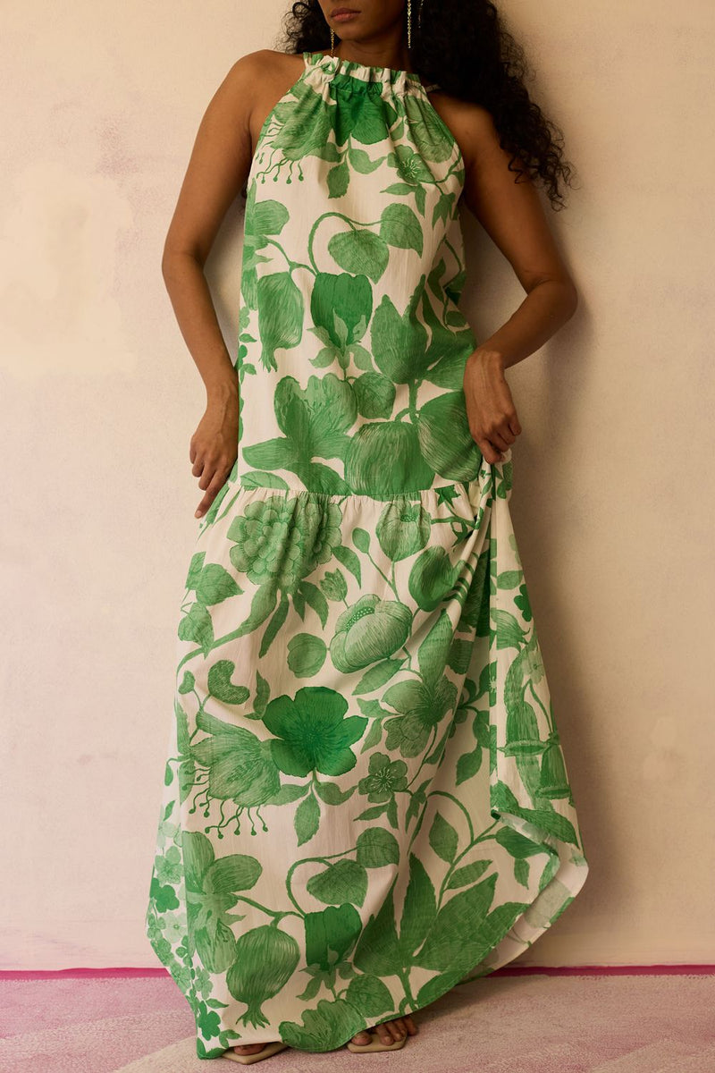 Hibiscus Anaar Gathered Sleeveless Maxi Dress - Fern cotton by World of SiSa for women Worldwide