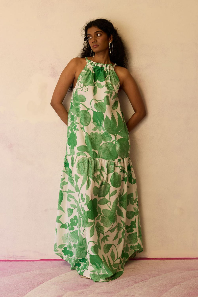 Hibiscus Anaar Gathered Sleeveless Maxi Dress - Fern cotton by World of SiSa for women Worldwide