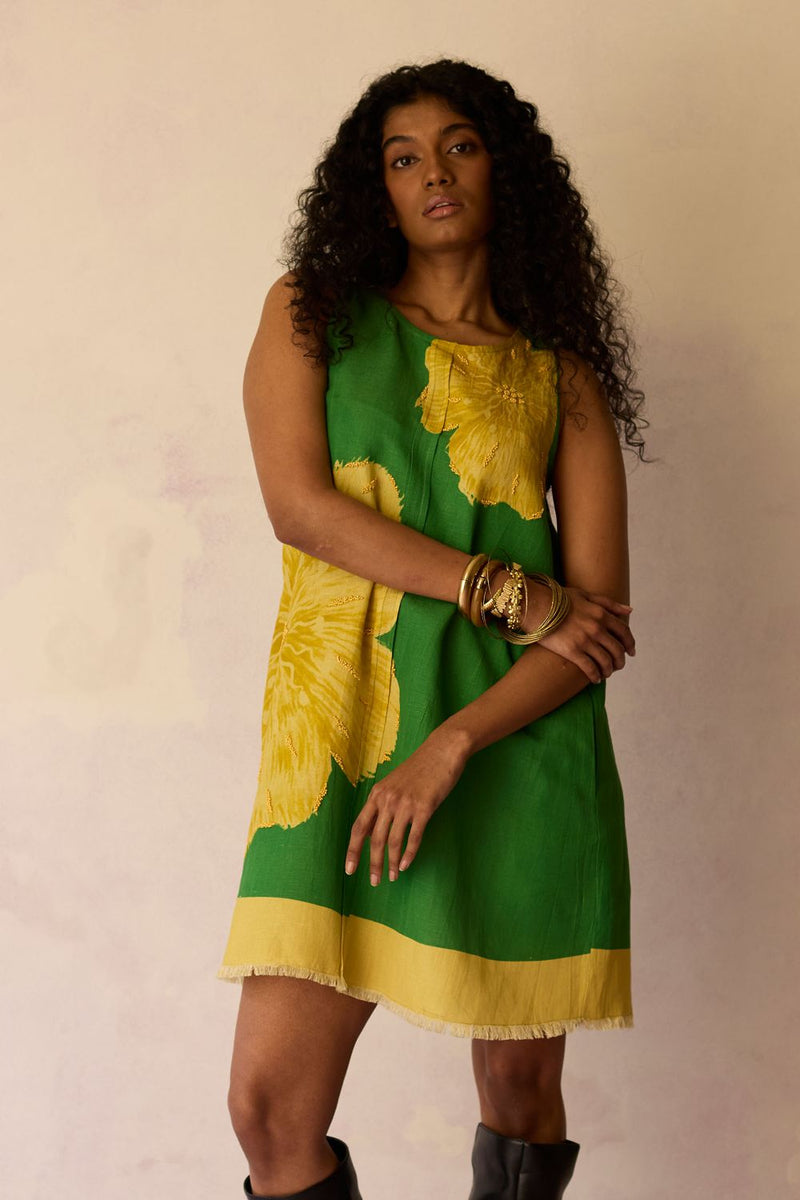 Hibiscus Anaar Embroidered Yoke Mini Dress - Fern by World of SiSa for women Worldwide