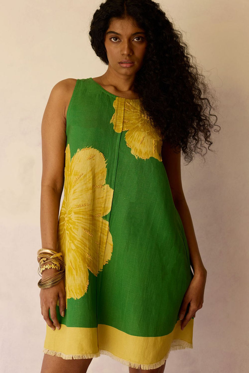 Hibiscus Anaar Embroidered Yoke Mini Dress - Fern by World of SiSa for women Worldwide