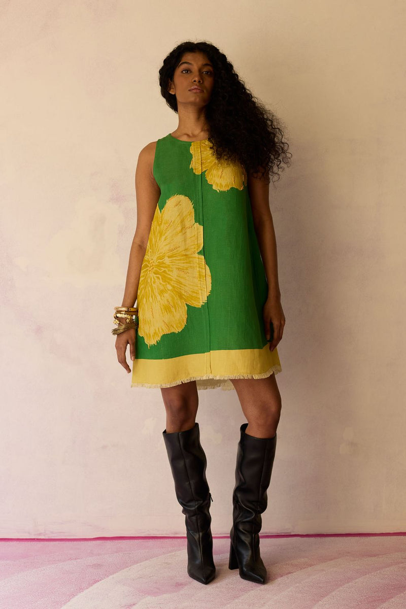 Hibiscus Anaar Embroidered Yoke Mini Dress - Fern by World of SiSa for women Worldwide