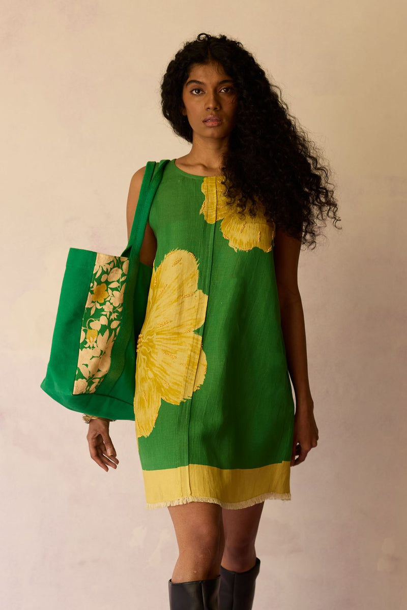 Hibiscus Anaar Embroidered Yoke Mini Dress - Fern by World of SiSa for women Worldwide
