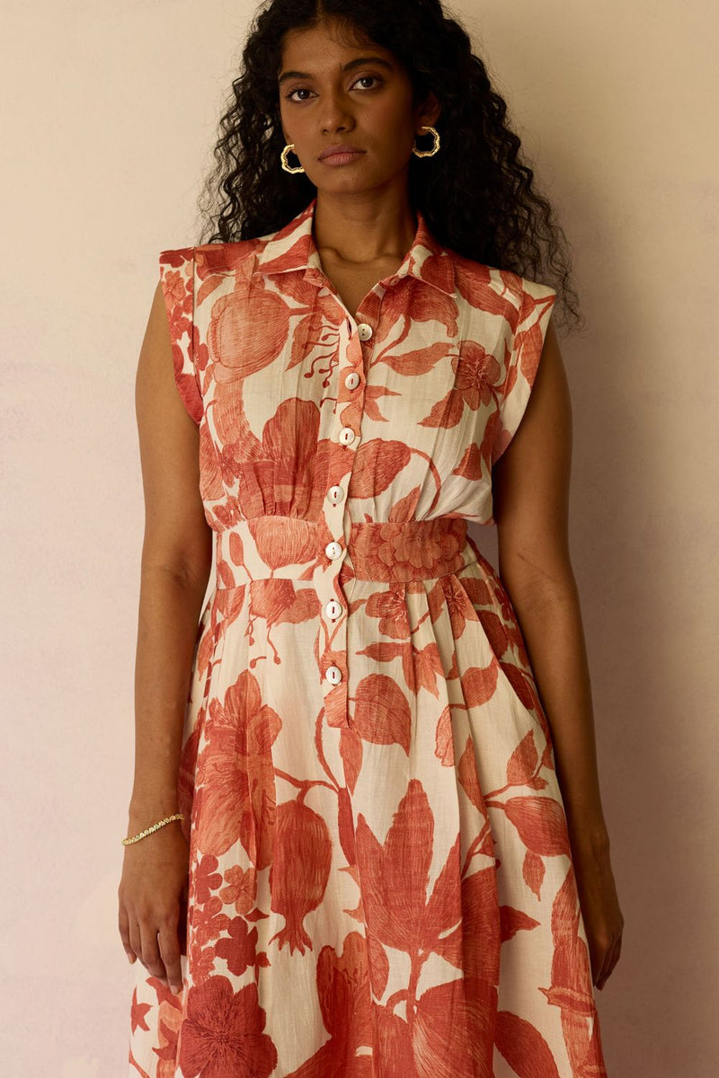 Hibiscus Anaar Sleeveless Shirt Midi Dress - Coral by World of SiSa for women Worldwide