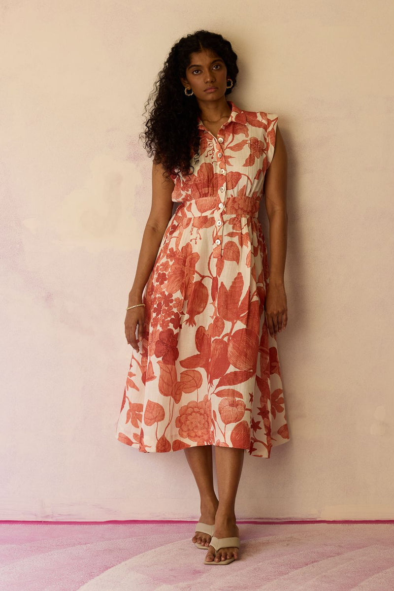 Hibiscus Anaar Sleeveless Shirt Midi Dress - Coral by World of SiSa for women Worldwide