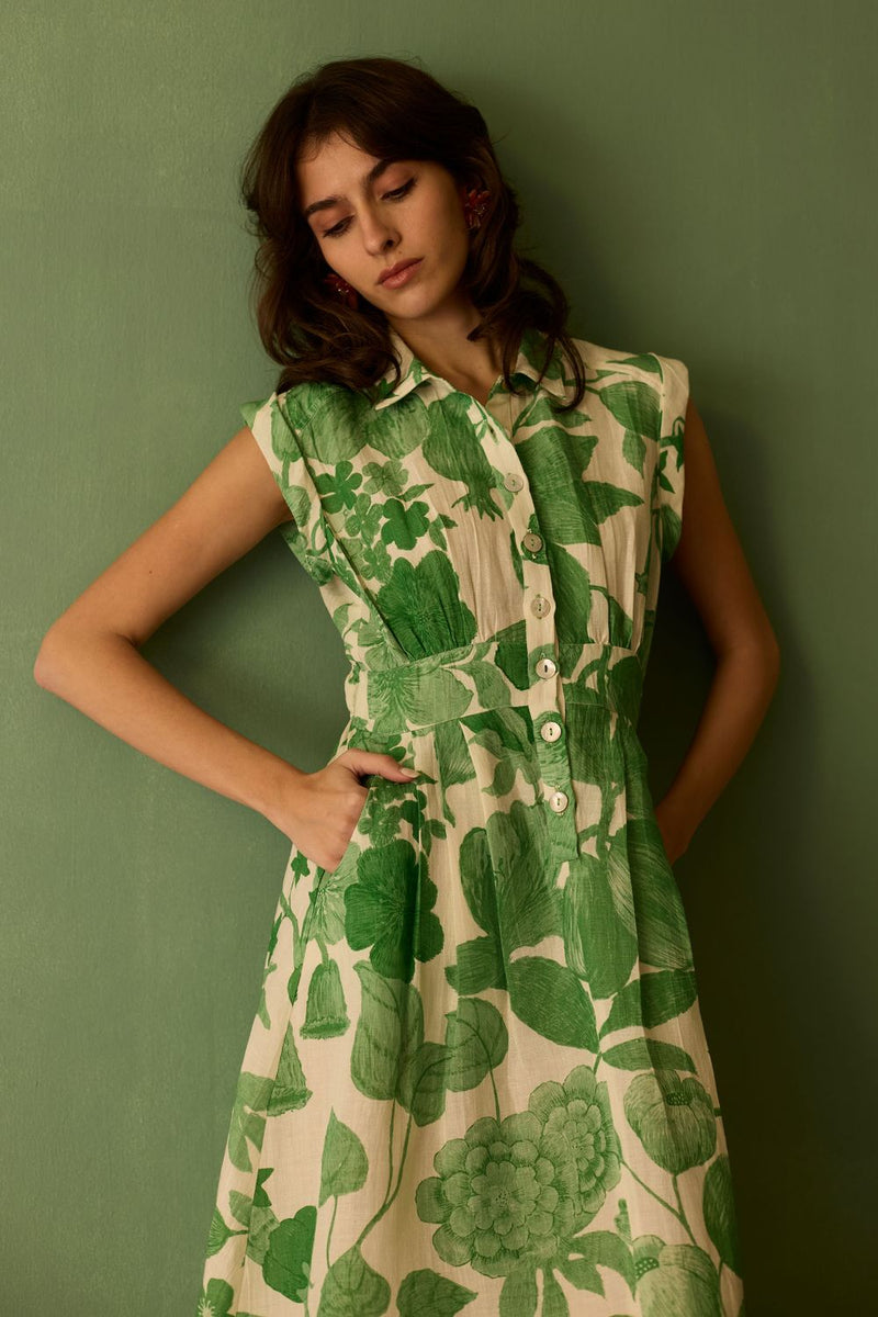 Hibiscus Anaar Sleeveless Shirt Midi Dress - Fern by World of SiSa for women Worldwide