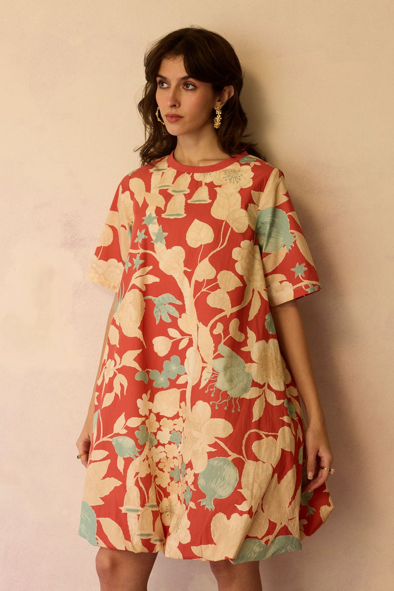 Hibiscus Anaar Bubble Mini Dress - Coral cotton by World of SiSa for women Worldwide