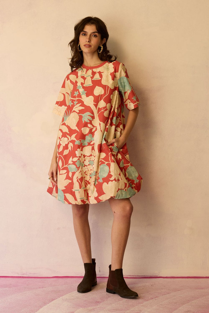Hibiscus Anaar Bubble Mini Dress - Coral cotton by World of SiSa for women Worldwide