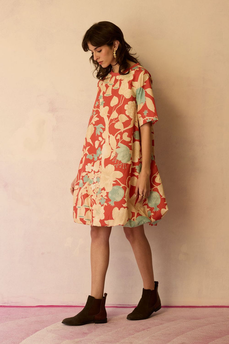 Hibiscus Anaar Bubble Mini Dress - Coral cotton by World of SiSa for women Worldwide