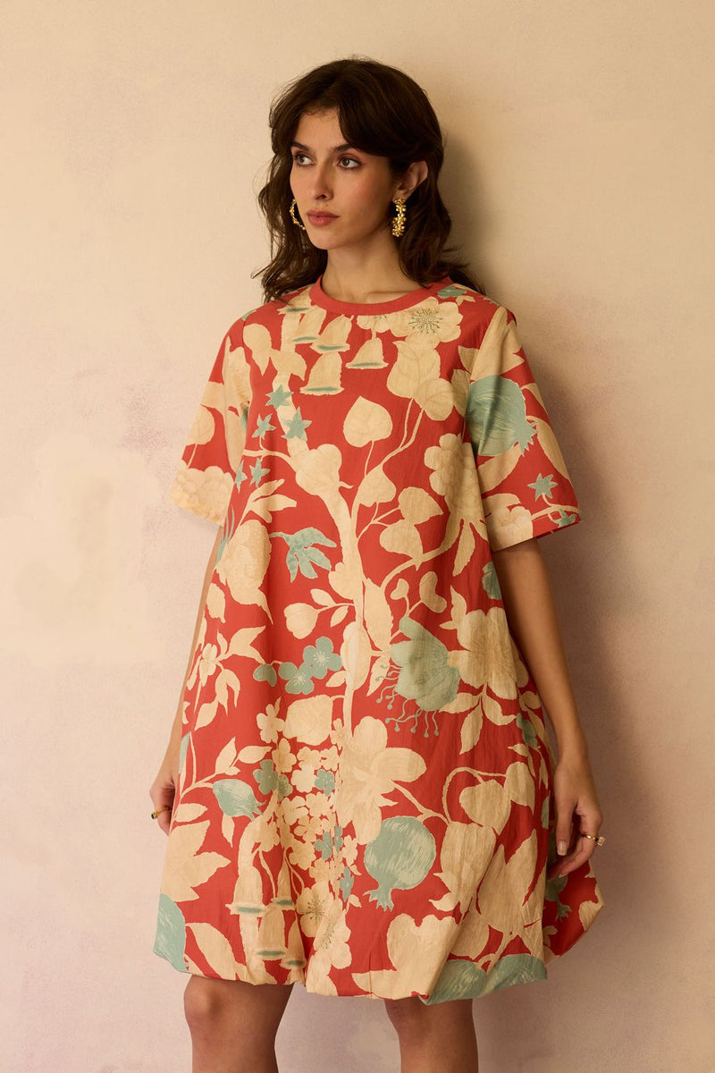 Hibiscus Anaar Bubble Mini Dress - Coral cotton by World of SiSa for women Worldwide