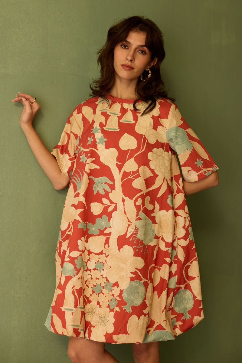 Hibiscus Anaar Bubble Mini Dress - Coral cotton by World of SiSa for women Worldwide