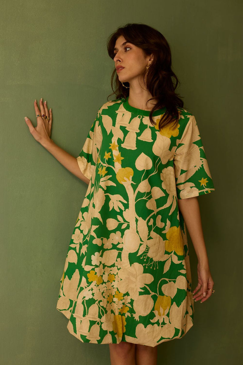 Hibiscus Anaar Bubble Mini Dress - Fern cotton by World of SiSa for women Worldwide