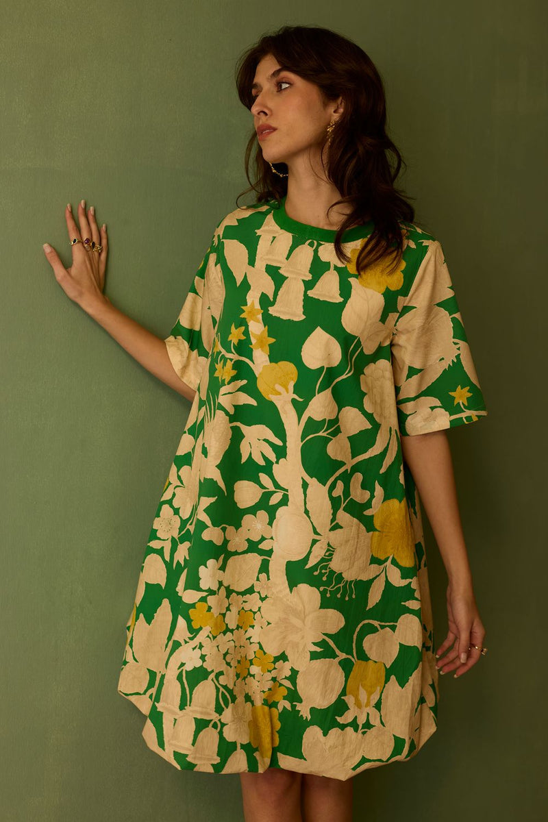 Hibiscus Anaar Bubble Mini Dress - Fern cotton by World of SiSa for women Worldwide