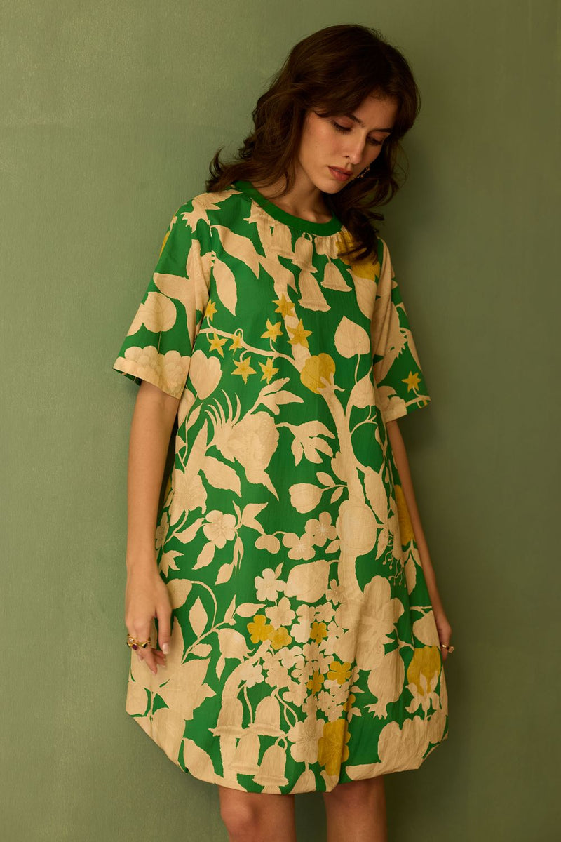 Hibiscus Anaar Bubble Mini Dress - Fern cotton by World of SiSa for women Worldwide