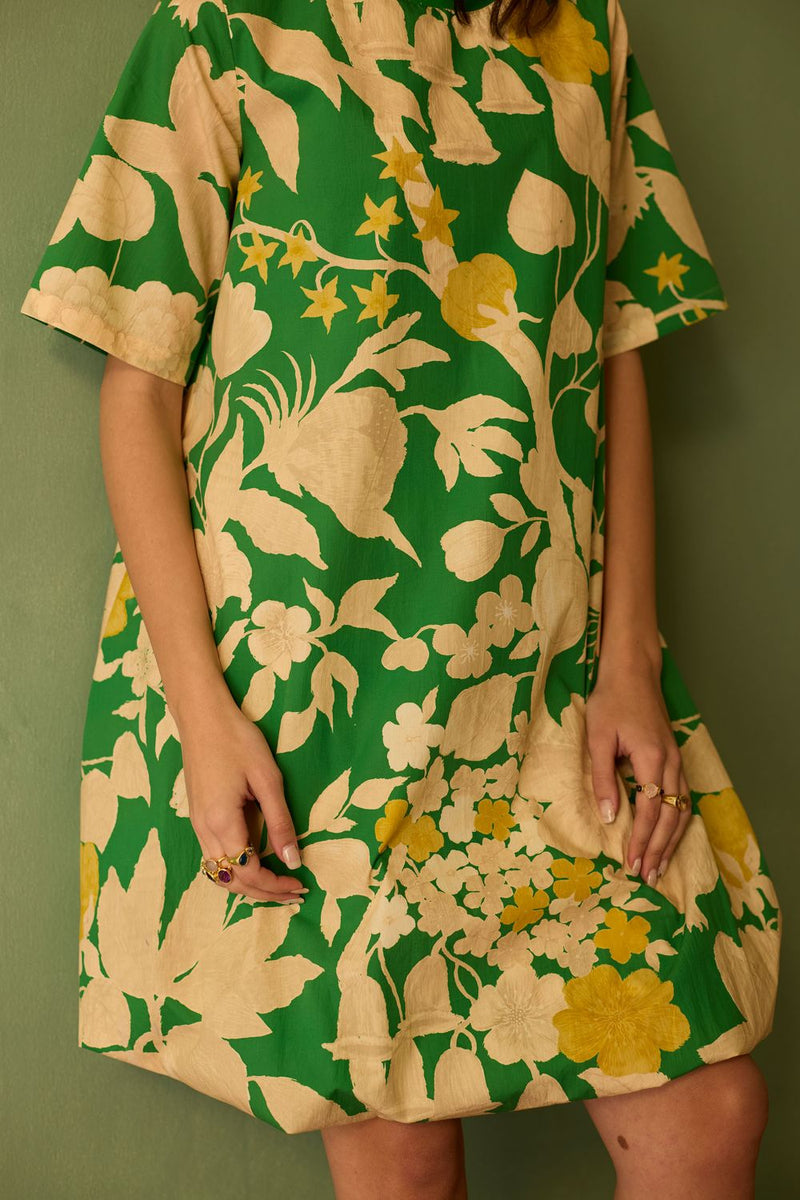 Hibiscus Anaar Bubble Mini Dress - Fern cotton by World of SiSa for women Worldwide