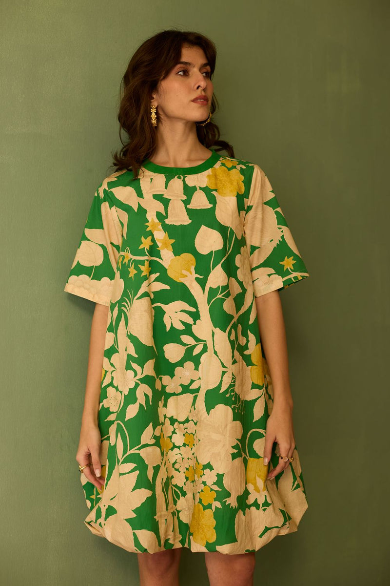Hibiscus Anaar Bubble Mini Dress - Fern cotton by World of SiSa for women Worldwide