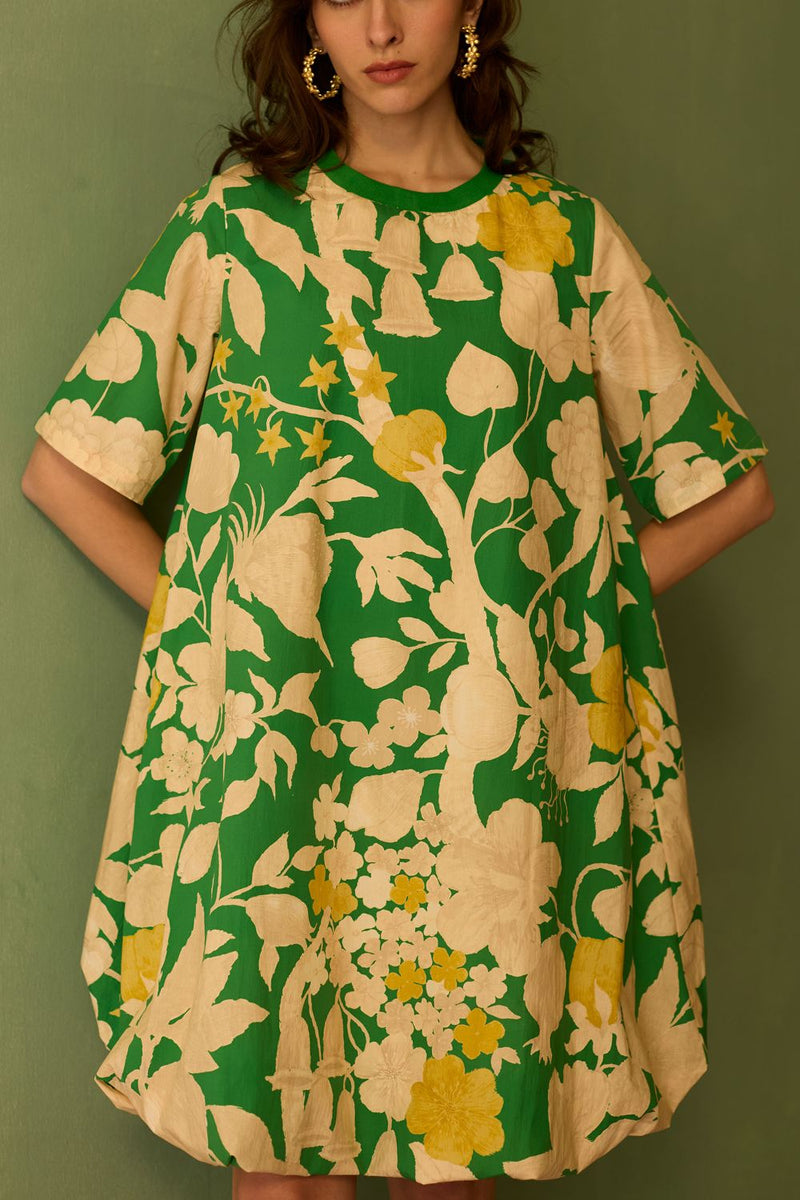 Hibiscus Anaar Bubble Mini Dress - Fern cotton by World of SiSa for women Worldwide