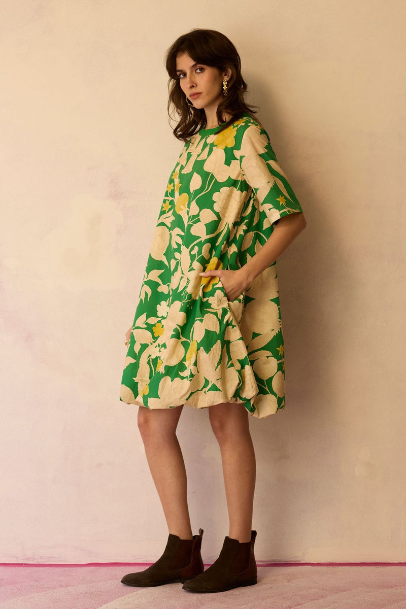 Hibiscus Anaar Bubble Mini Dress - Fern cotton by World of SiSa for women Worldwide