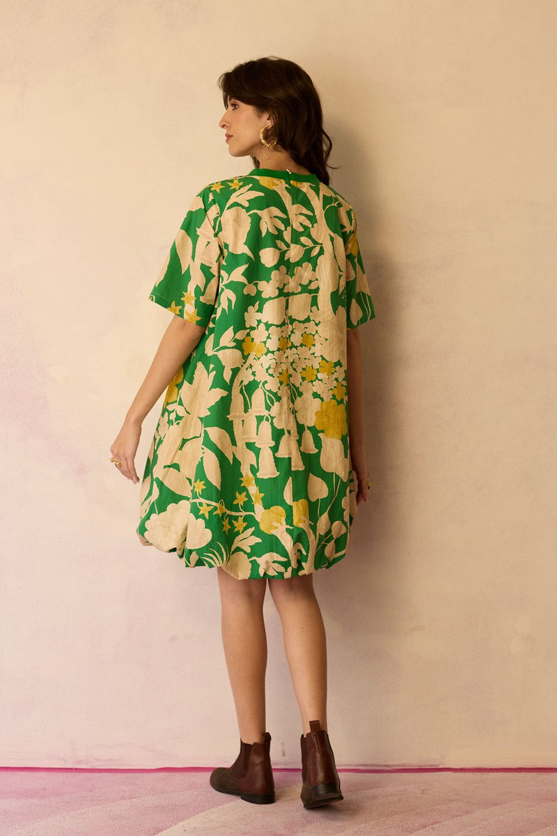 Hibiscus Anaar Bubble Mini Dress - Fern cotton by World of SiSa for women Worldwide