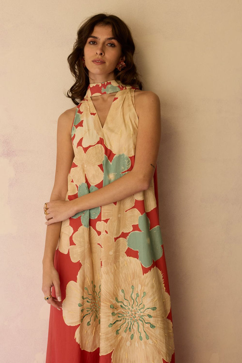 Hibiscus Anaar Soft Drape Maxi Dress - Coral cotton by World of SiSa for women Worldwide