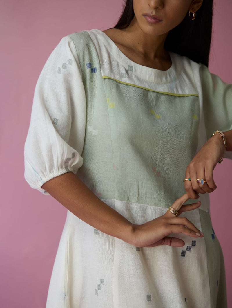 Vani Patchwork Jamdani Linen Dress all linen by Manan in ivory color for women Worldwide