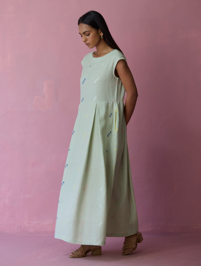 Zaha Cap Sleeve Jamdani Linen Dress - Aqua all linen by Manan for women Worldwide