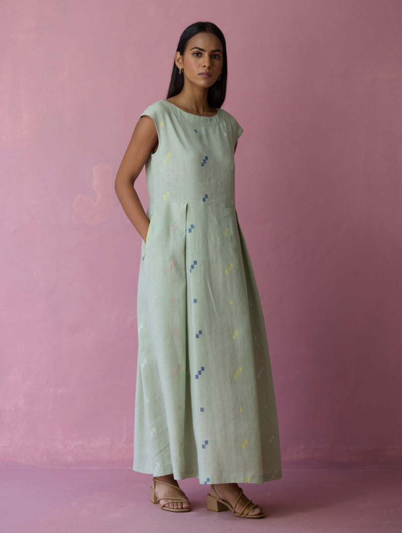 Zaha Cap Sleeve Jamdani Linen Dress - Aqua all linen by Manan for women Worldwide