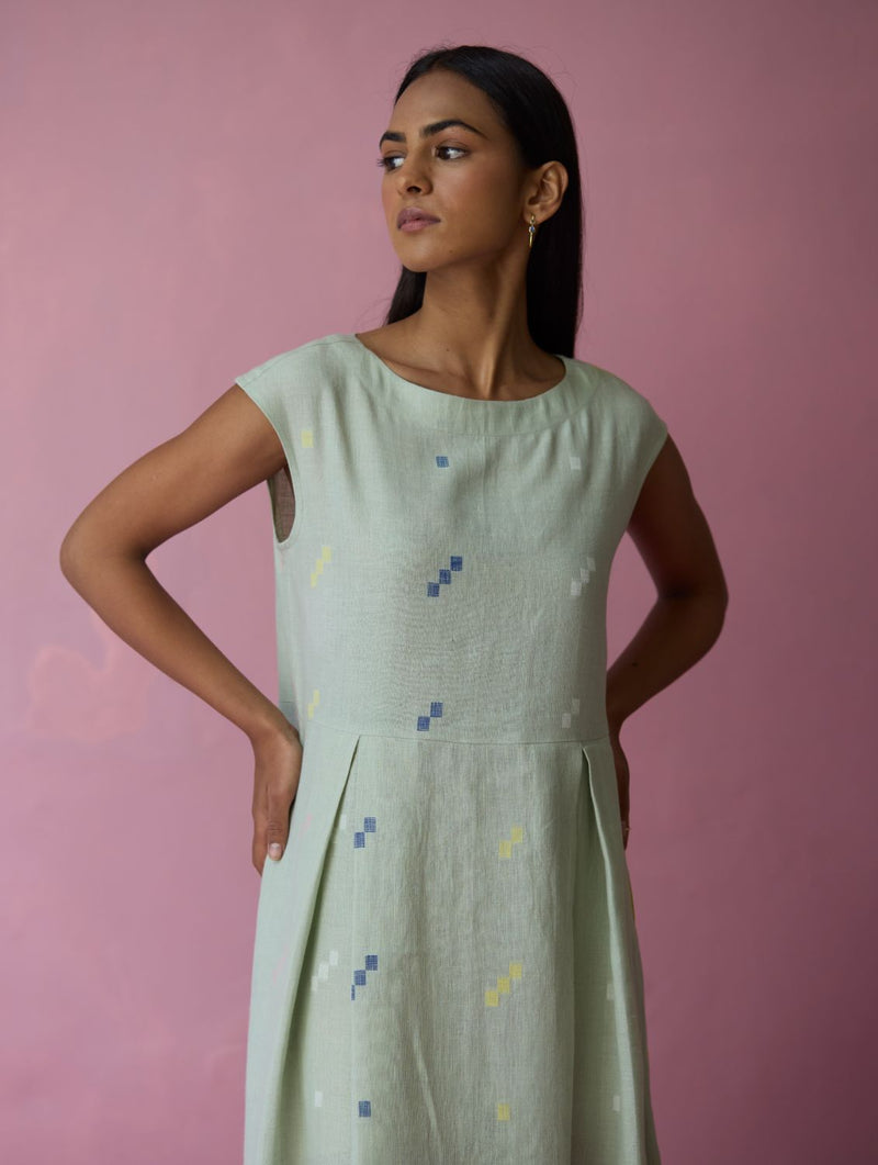 Zaha Cap Sleeve Jamdani Linen Dress - Aqua all linen by Manan for women Worldwide