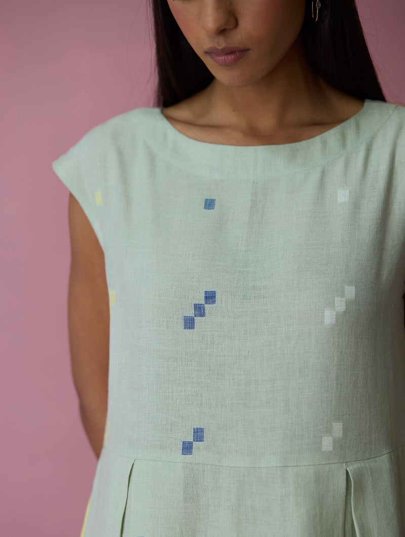 Zaha Cap Sleeve Jamdani Linen Dress - Aqua all linen by Manan for women Worldwide