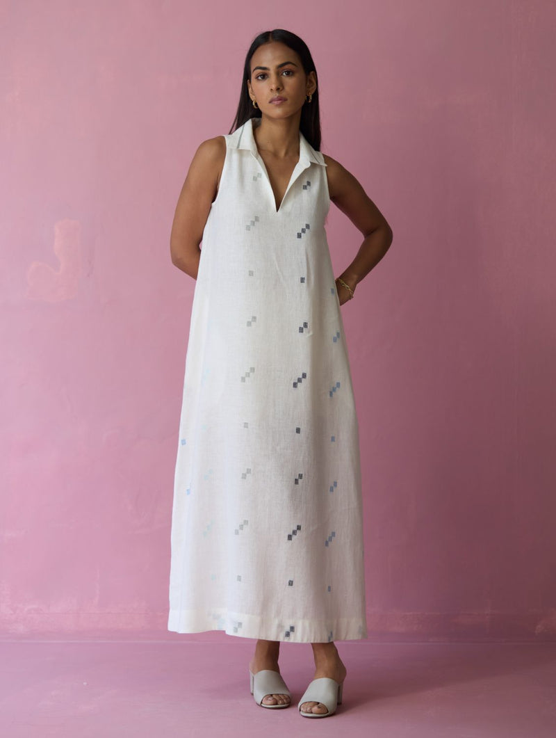 Cara Collared Jamdani Linen Dress - Ivory all linen by Manan in ivory color for women Worldwide