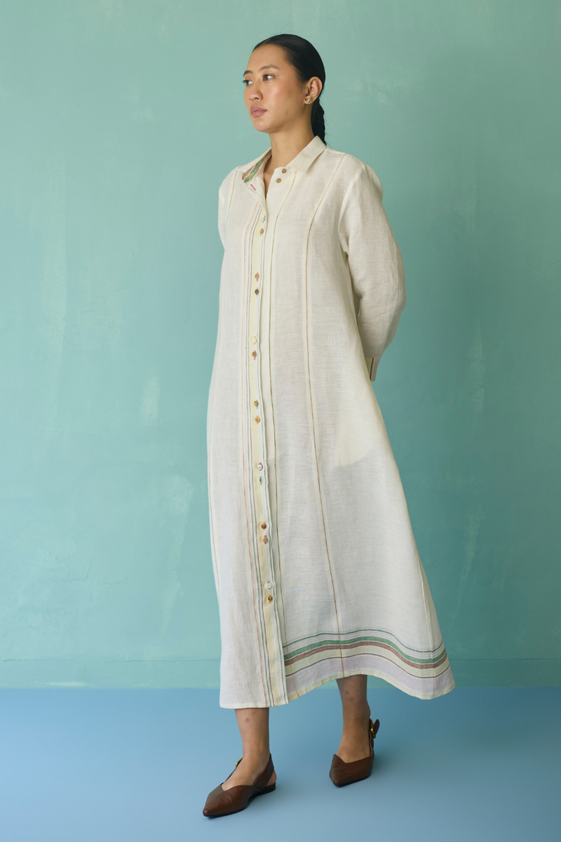 Manara Paneled Border Linen Shirt Dress - Ivory linen dress by Manan in ivory for women Worldwide