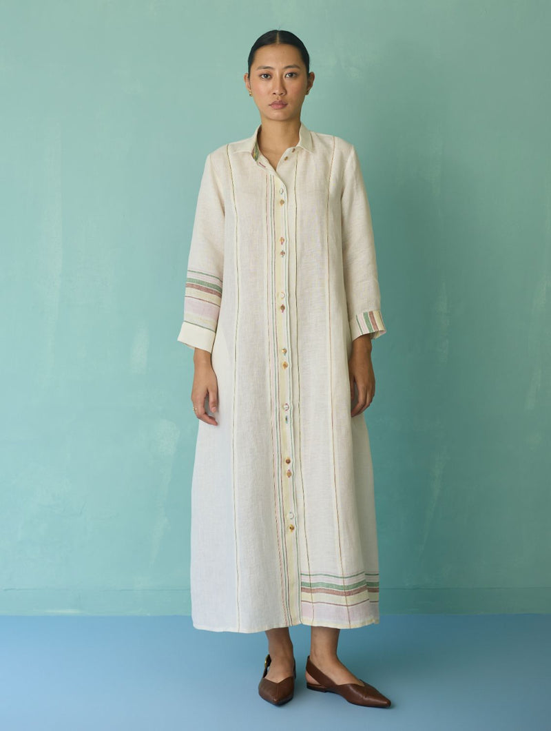 Manara Paneled Border Linen Shirt Dress - Ivory linen dress by Manan in ivory for women Worldwide