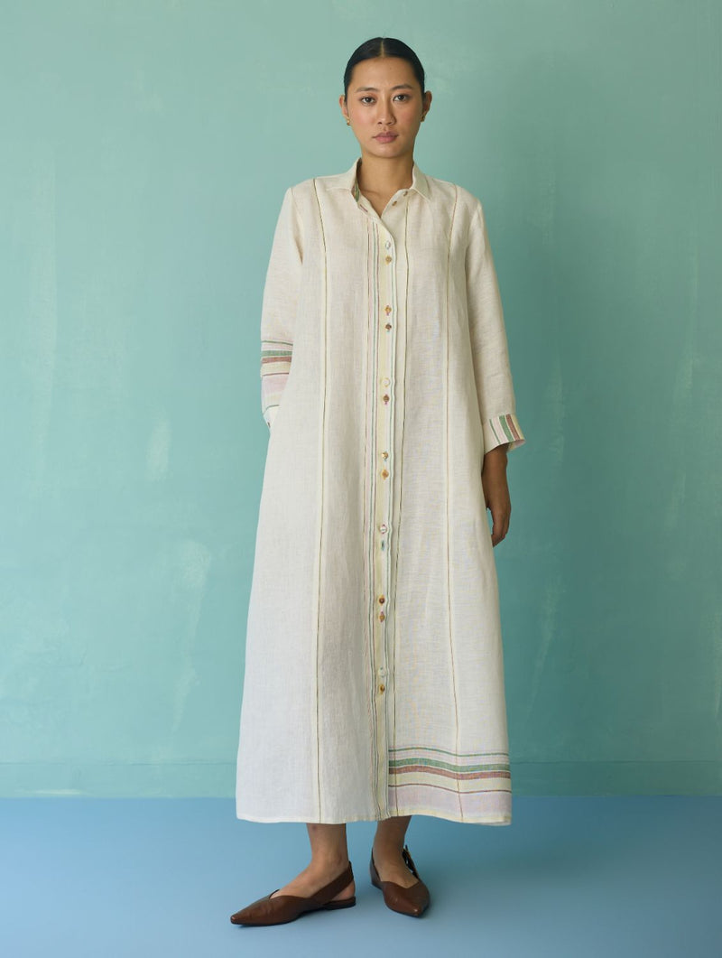 Manara Paneled Border Linen Shirt Dress - Ivory linen dress by Manan in ivory for women Worldwide